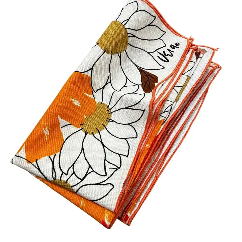 Vintage VERA cloth napkins matching set of 4 red orange flowers squares FLAWS